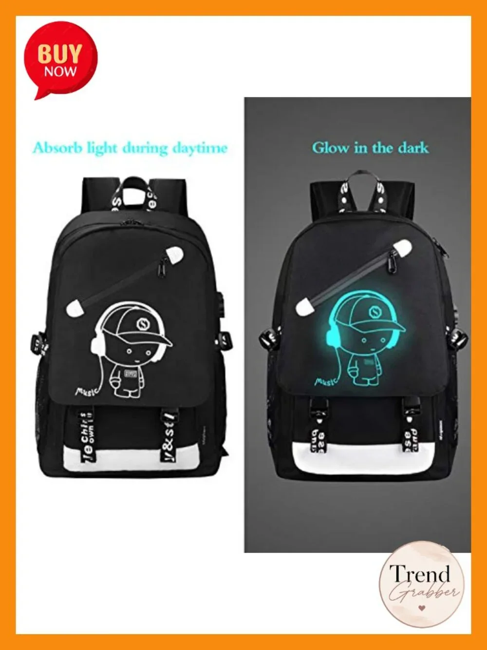 Cartoon Luminous Backpack with USB Charging Port, Anti-theft Lock, 15.6 Inch